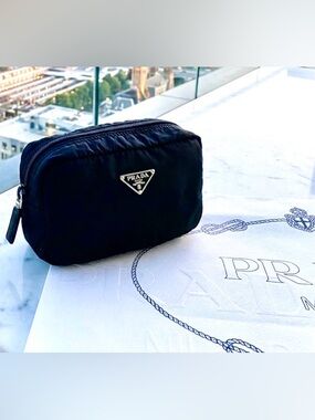 Authentic Prada Nylon Cosmetic Pouch – Tessuto Black Triangle Logo W/COA